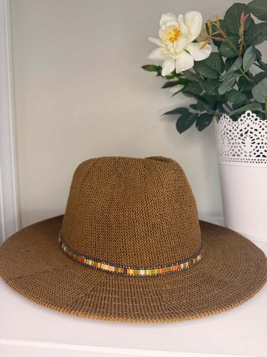 Anthropologie Accessories - Anthropologie Knitted Panama Sun Hat with Multi-Thread and Rhinestone Trim Band